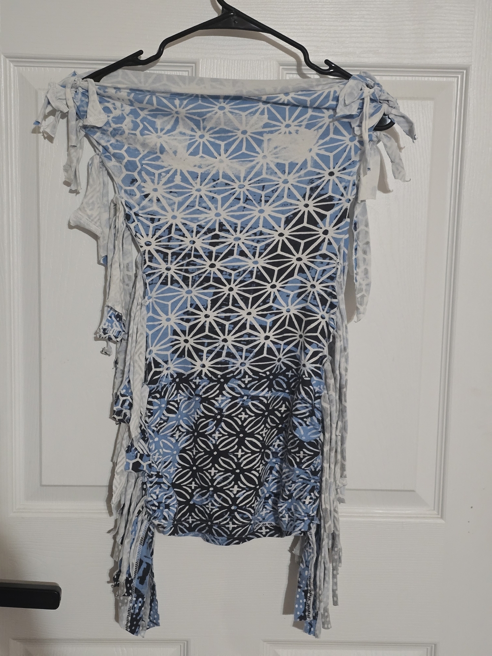 Boho Tie-Shoulder Mini Dress in Blue and White